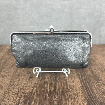 #ad HOBO Lauren Wallet Large Metallic Silver Grey Black Leather Kiss Lock Green Boho