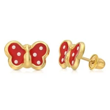 14K Real Solid Yellow Gold Poke-A-Dot Enamel Butterfly Stud Earrings Screw-backs