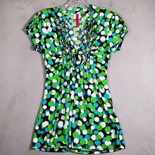 Y2K Babydoll Top Womens L Green Blue Geometric V Neck Ruffles USA Made Retro 80s