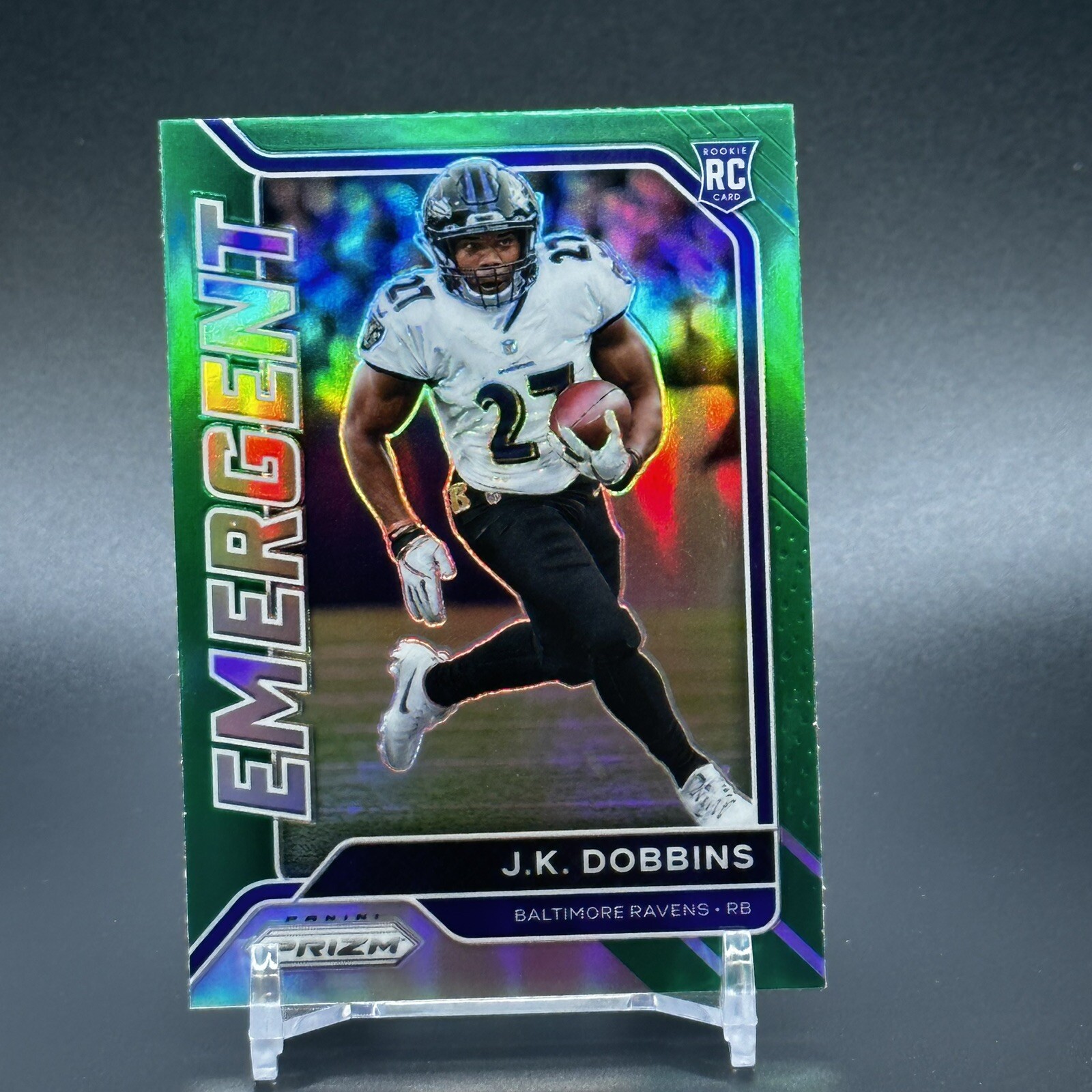 2020 Panini Prizm JK Dobbins Rookie Emergent Green Prizm #5 Baltimore Ravens