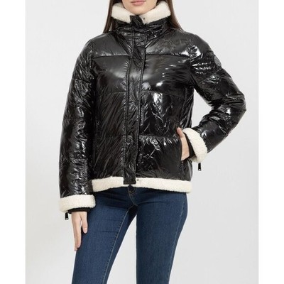 DKNY SPORT Women Funnel-Neck Fleece-Trimmed Puffer Jacket Black Size MEDIUM NWT
