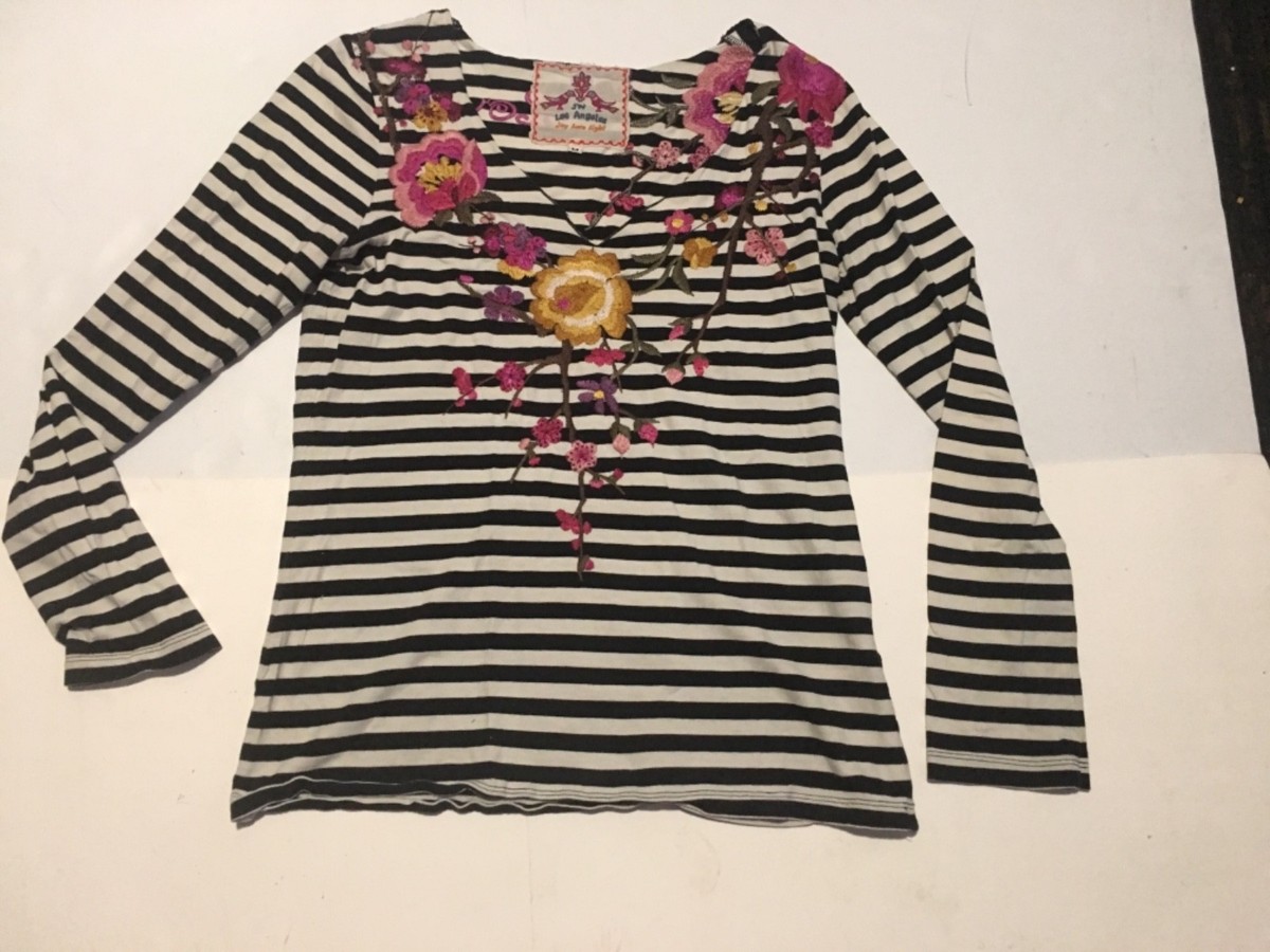 JWLA Johnny Was Los Angeles Top Womens XS Green Striped Floral