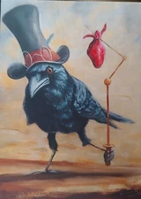 PRINT~Steampunk~~Hobo~~CROW~~BIRD~~Top hat~Whimsical~ART~5" x 7"~Silly~Surreal