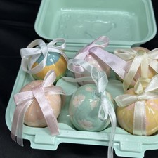 Set 6 Paper Mache Easter Eggs Pastels Hanging Ribbon Storage Carton Vintage 2000