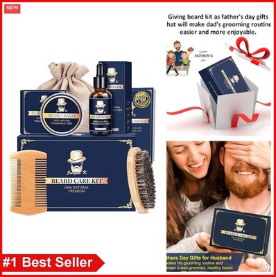 Beard Kit Oil Balm Comb Brush Boar Bristle Grooming Set for Men Gift Dad