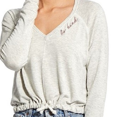 GOOD HyouMAN BE KIND Gray Sweatshirt V-Neck Pullover Sweater Rayon NEW Womens L