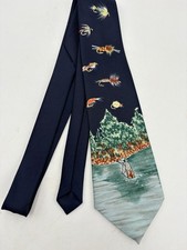 Fly Fishing Pattern Tie Necktie Vintage A. Rogers Navy Blue Fish Lures Korea