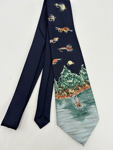 Fly Fishing Pattern Tie Necktie Vintage A. Rogers Navy Blue Fish Lures Korea