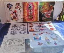 Lot Of 7 Traditional Vintage Style Tattoo Flash Sheets Butterfly Hearts Demon