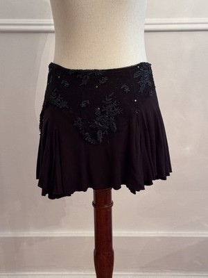 Ya-Ya Black Mini Skirt Lace Applique Rhinestone Hanky Hem Low Hip W28