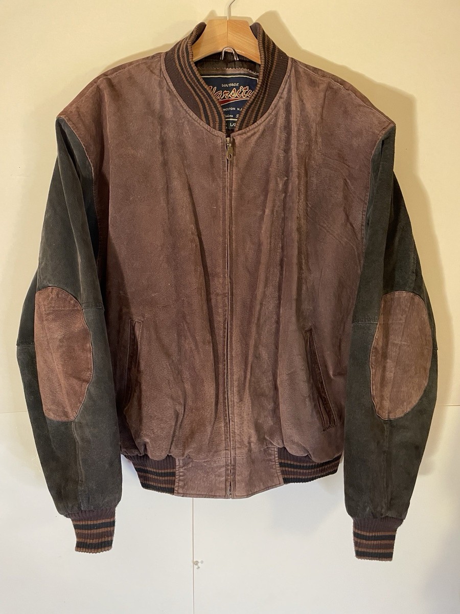 Vintage Varsity Leather Suede Bomber Jacket L Brown Elbow Patches