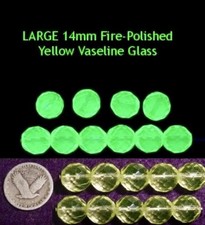 10 Pcs LARGE 14mm Round Faceted Fire-Polished VASELINE/URANIUM GLASS BEADS