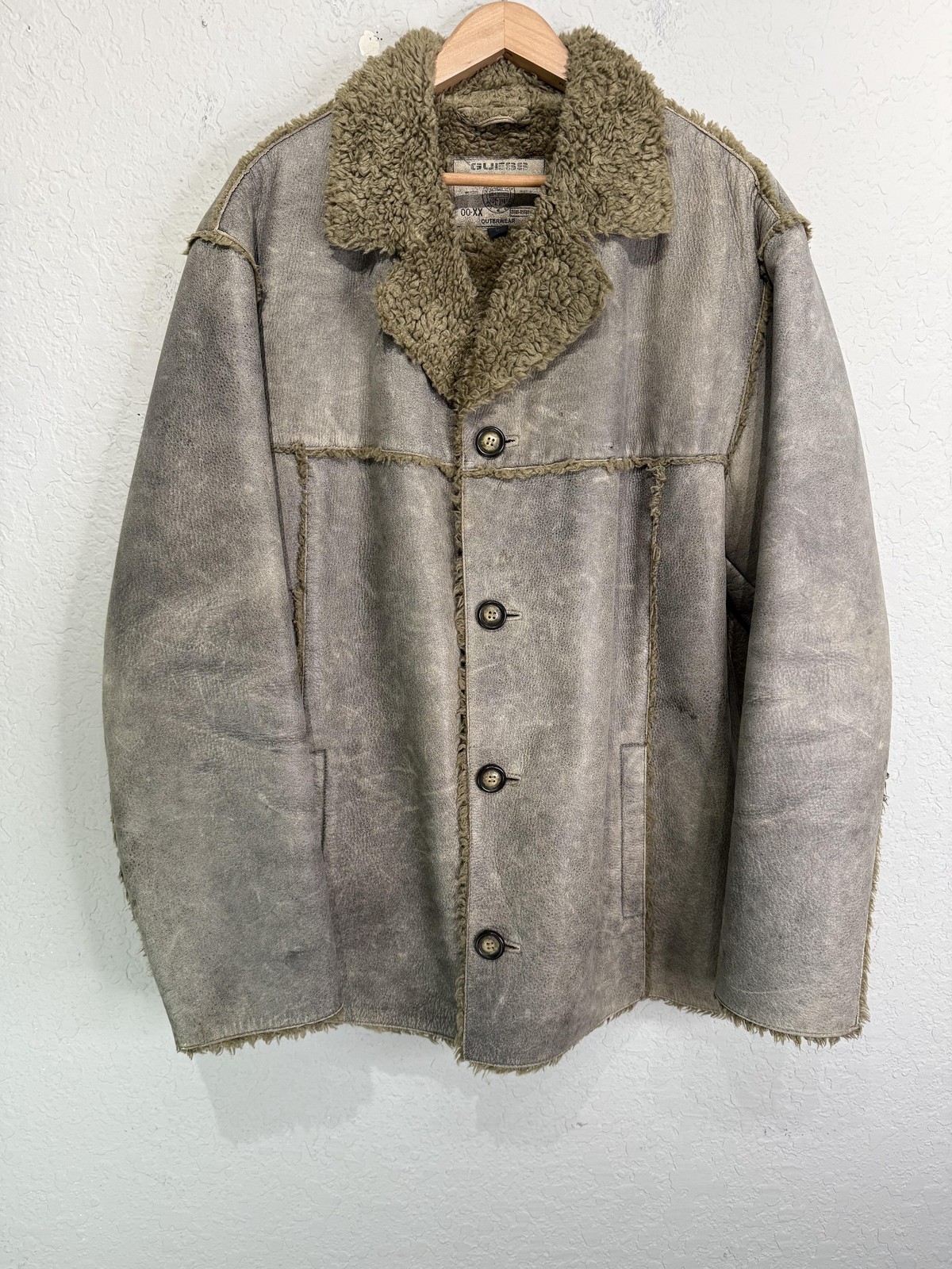 Vtg Guess Coat Mens Large Gray Leather Faux Fur Lined Shearling Winter Overcoat