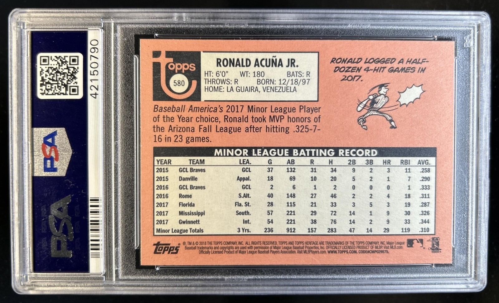 2018 Topps Heritage Ronald Acuna Jr. RC Rookie #580 Braves PSA 10 GEM MINT view 2