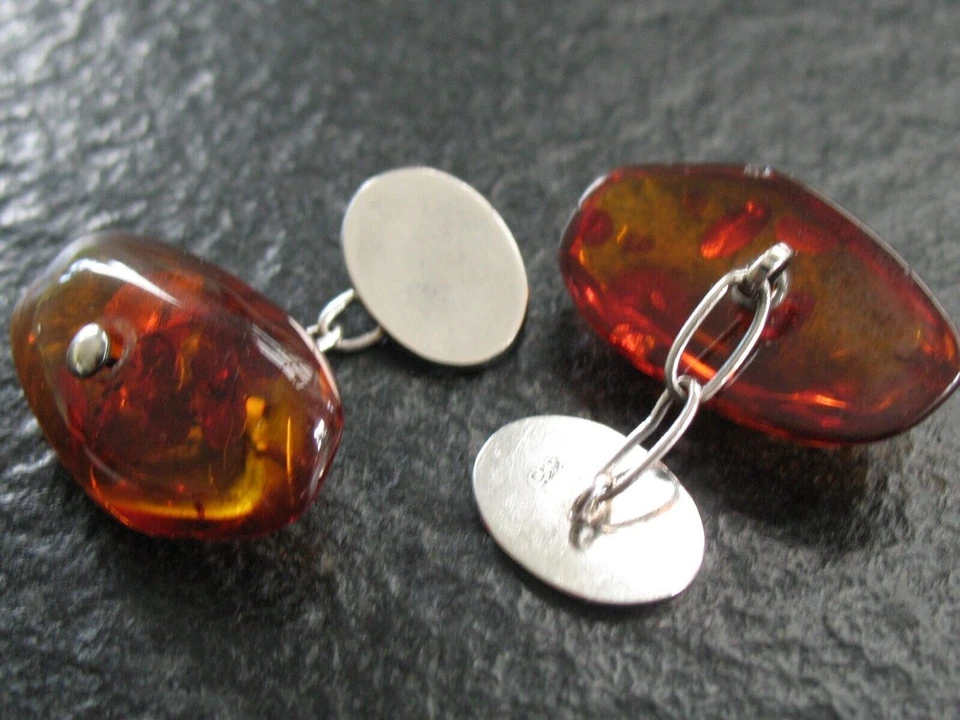 Manschettenknöpfe Silber 835 Vintage Handarbeit von ca. 1960 mit Bernstein  - Bild 2 von 3