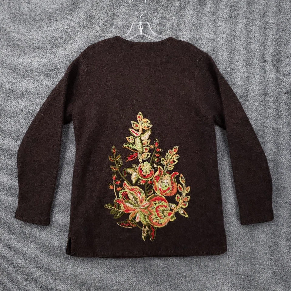 Susan Bristol Ltd Cardigan Womens Medium Brown Wool Embroidered Floral Sweater - Image 2 of 4