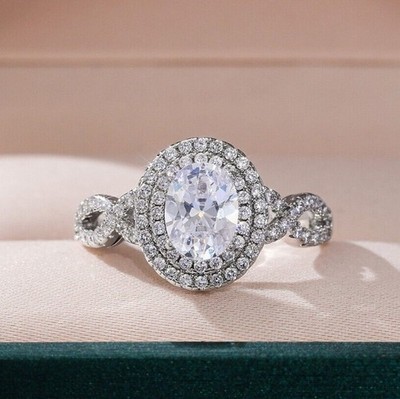 2CTW Oval Cut D Moissanite Double Halo Engagement Ring 14k White Gold Plated