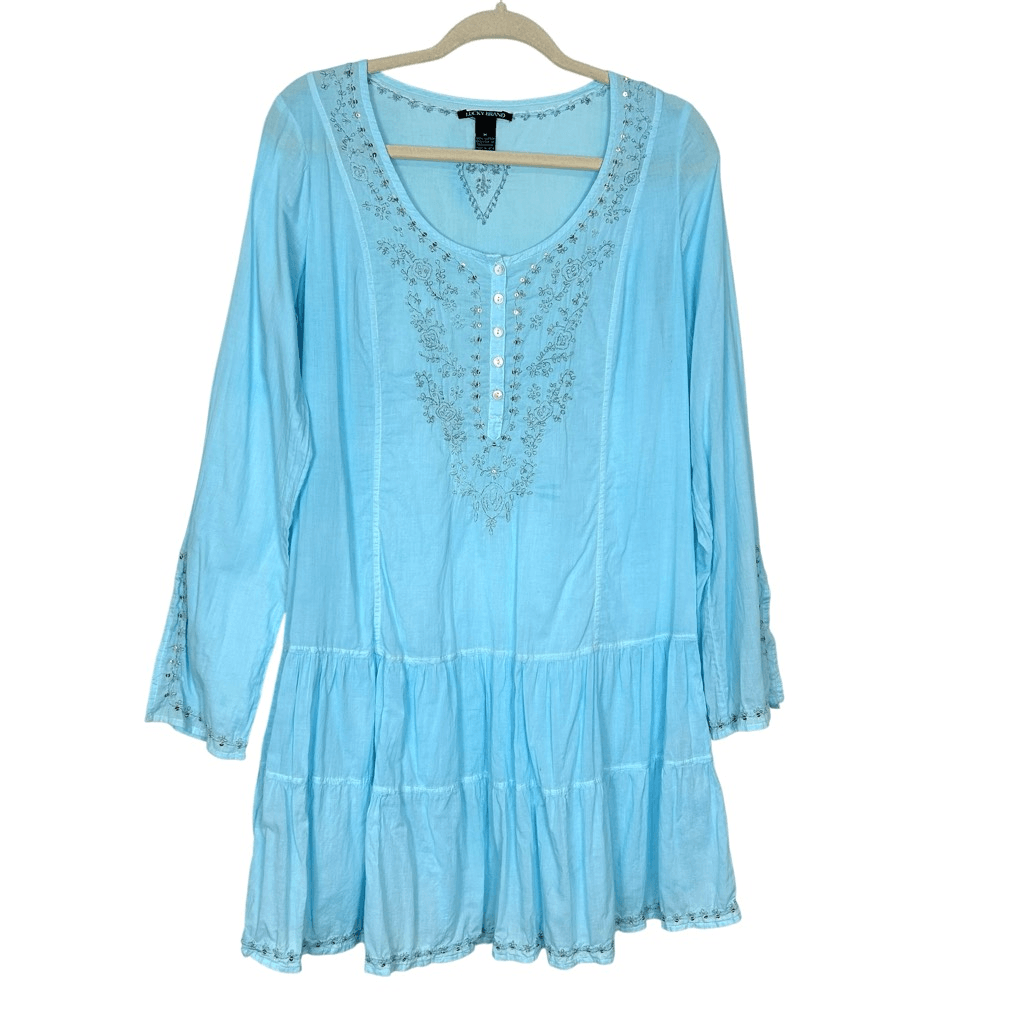 Lucky Brand Mini Dress Tunic Medium Blue Cotton Embroidered Sequin Tiered Top M Lucky Brand Mini Dress Tunic Medium Blue Cotton Embroidered Sequin Tiered Top M