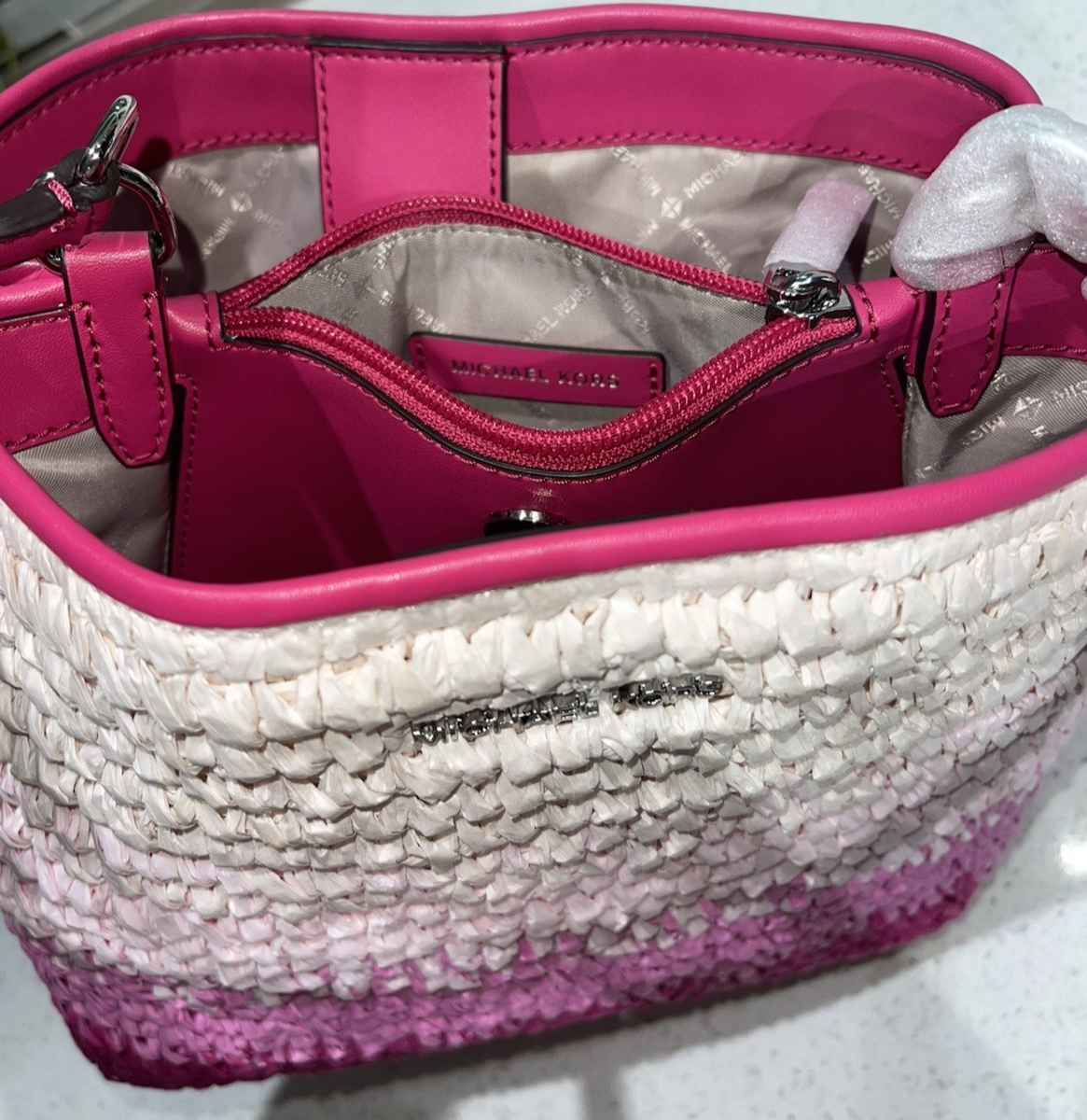 MICHAEL KORS PRATT MEDIUM WOVEN BUCKET SHOULDER BAG STRAW TOTE MK