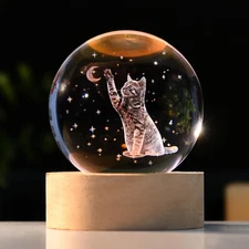 Cat Crystal Ball 3D Engraved 2.36in Wooden Light Base Pet Lover Women Gift Decor
