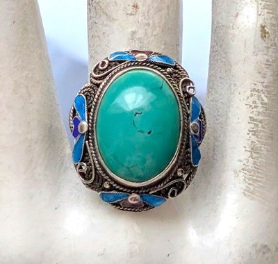 Vintage Chinese Export Sterling Silver 925 Blue Cloisonne Enamel Turquoise Ring