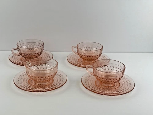 Hobnail Pink Anchor Hocking Teacup and Saucer Set of 4 Vintage EUC
