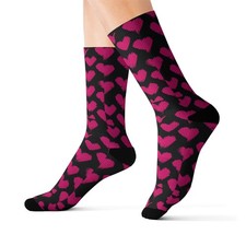 Pink Heart Pattern Socks  Black Background Valentine Love Crew Socks