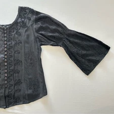 NWT Simi Embroidered Blouse Button Front Goth Alternative Long Bell Sleeve Black