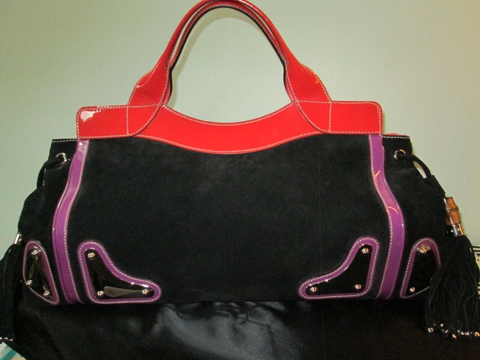 GUCCI AUTHENTIC BLACK SUEDE COLOR BLOCK VNTG 1990S PURSE EXC USED 1X COND W/COA! - Image 2 of 4