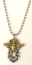 Crowned Queen Bee Artisan Pendant Steel Ball Chain Rhinestones 22” Mixed Metals
