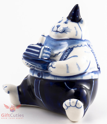 Gzhel Russian Handpainted Porcelain Figurine big fat lazy cat w birthday cake