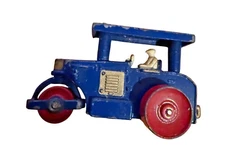 Vintage Blue & Red Cast Iron Toy Road Roller With Driver Figurine