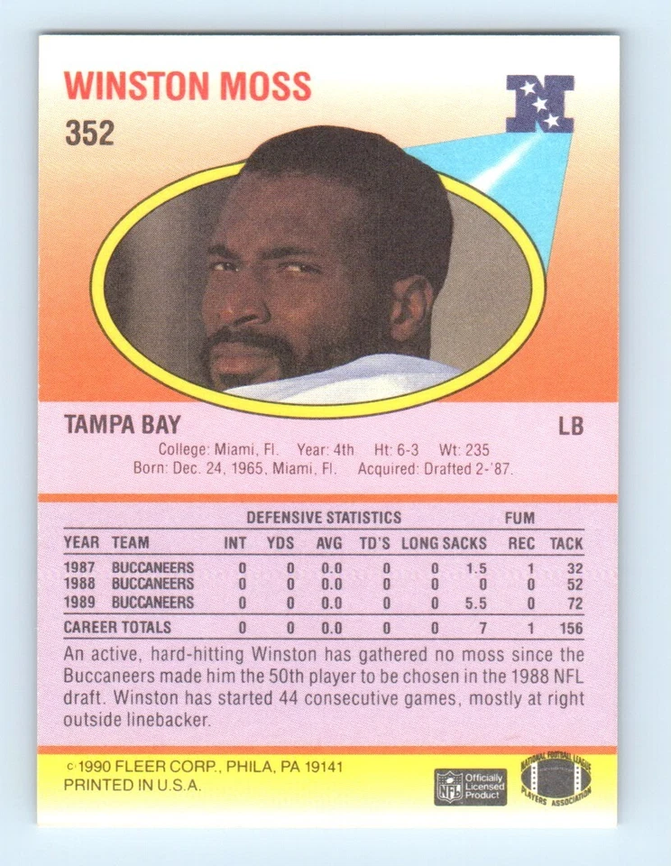 1990 Fleer Winston Moss Rookie Tampa Bay Buccaneers #352 - Image 2 of 2