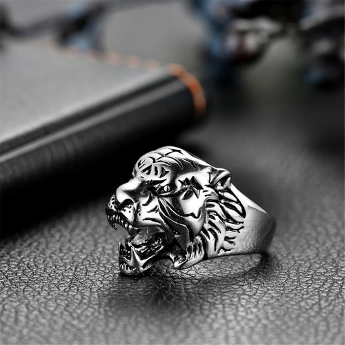 Men's Stainless Steel Ring Vintage Gothic Tribal Tiger Head Ring Band Size 8-13 - Picture 11 of 14