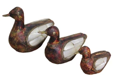 Vintage Duck Hand Carved Mother of Pearl  Painted Hammered Brass  Set of 3