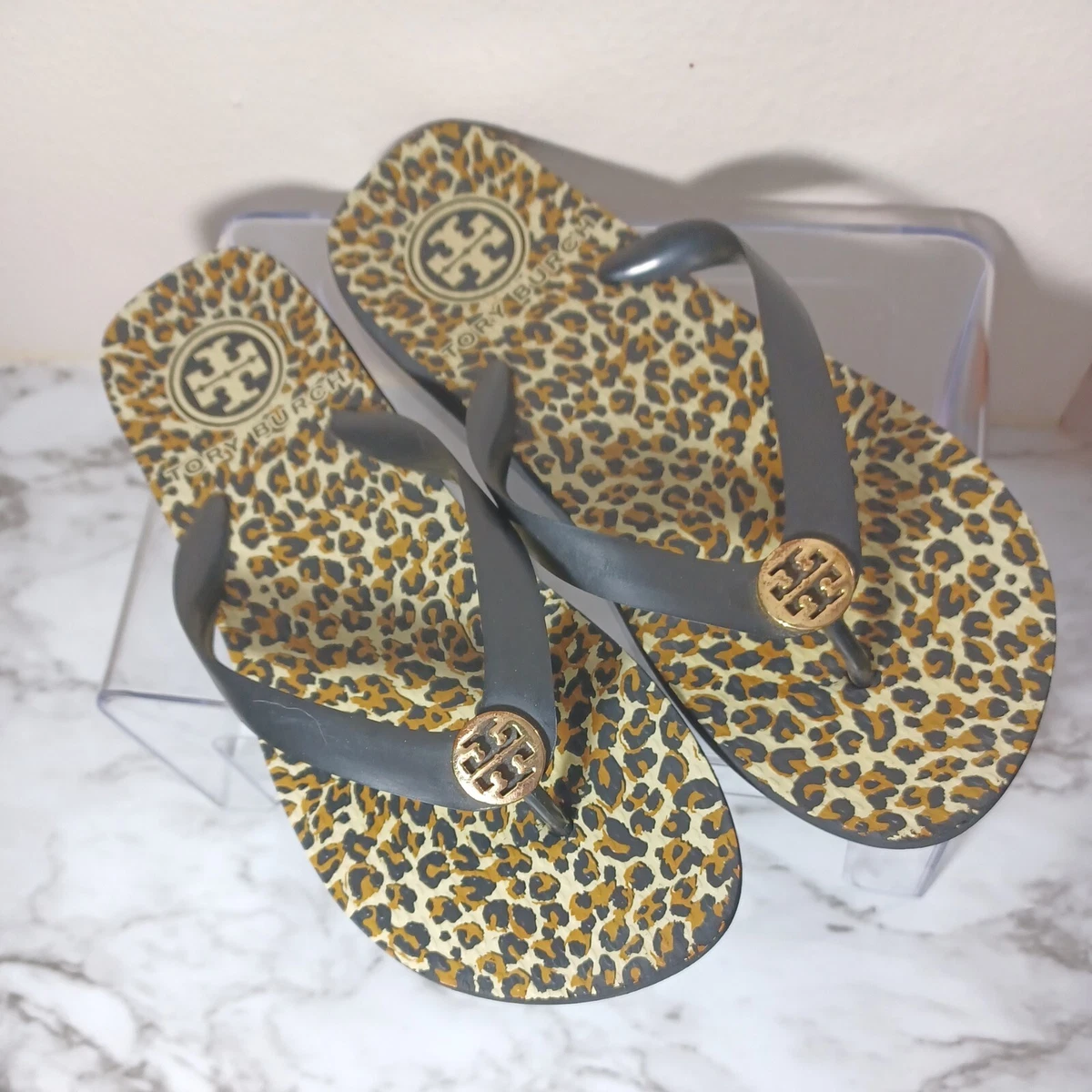 EUC TORY BURCH Leopard Animal Print Gold Logo Flip Flops Sandals SIZE 6.5 7