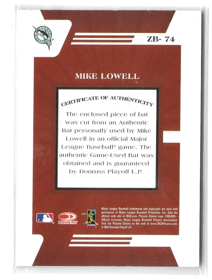 Mike Lowell 2005 Donruss Zenith Game Used Bat Relic #ZB-74 Florida Marlins - Image 2 of 2