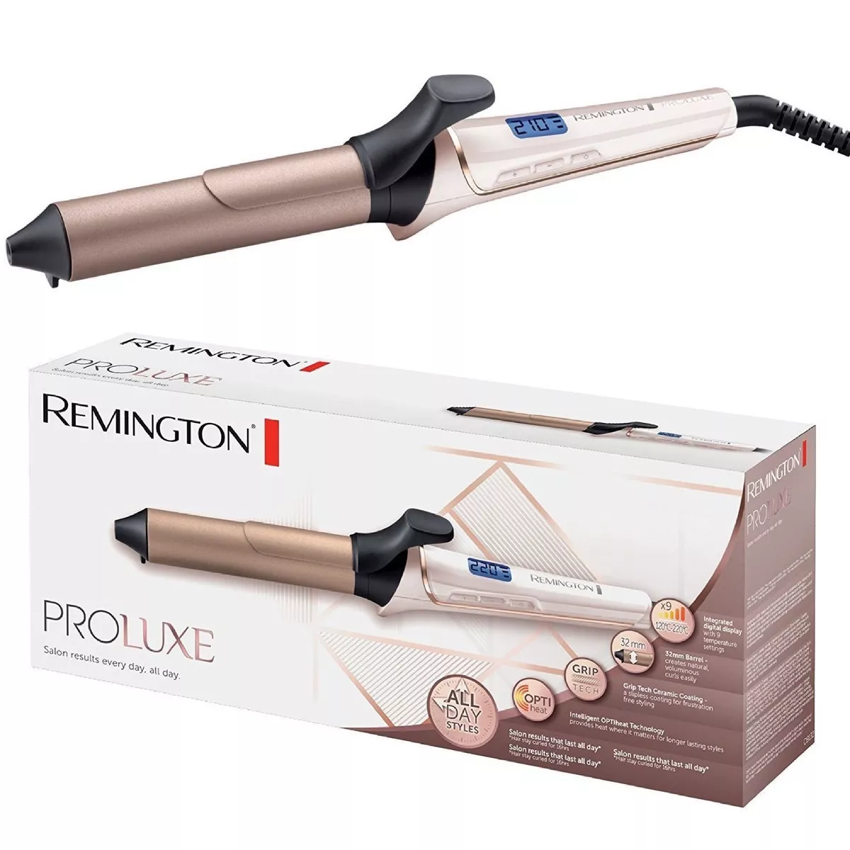 Remington ProLuxe Women's Hair Curling Tong OptiHeat 210°C 32mm Ci9132 Rose  Gold