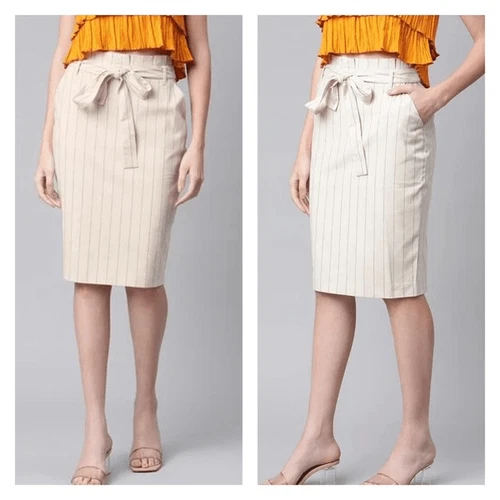 NWT Banana Republic Stripe Paper Bag Waist Pencil Skirt Size 6 Off White Gray