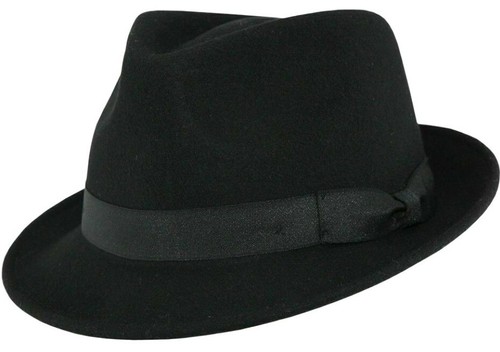 Sombrero Gangster Negro Trilby Fedora 100% Lana Fieltro Sombrero con Banda Grosgrain - Imagen 7 de 7