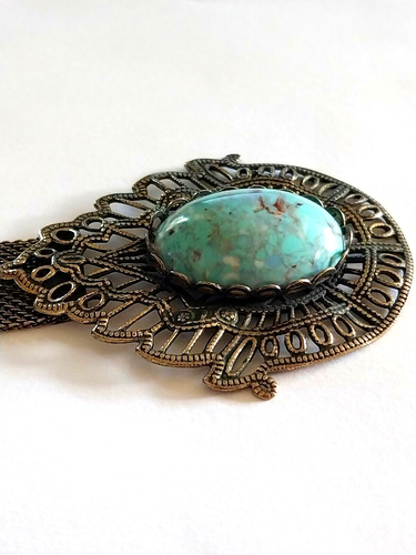 ANTIQUE Gilded Brass MESH BROOCH/Lapel RIBBON w AQUA Blue STONES 4.75" x 2.5" - Picture 13 of 23