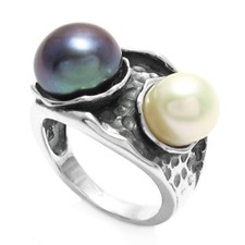 925 Sterling Silver Black and White Pearl Hammered Ring Size 5-10