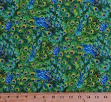 Cotton Peacock Feathers Plumes Birds Nature Exotica Fabric Print BTY D371.41