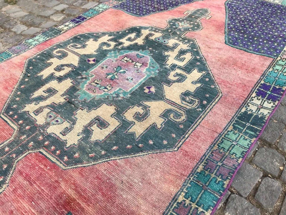 Bohemian Area Rug Handmade Wool Rug Turkish Vintage Traditional Rug 4,4 x 9,4 ft - Image 2 of 4