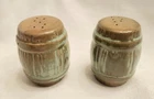 Frankoma Barrel Shape Salt and Pepper Shakers Green Brown Vintage Pottery