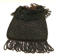 Green Bronze Glass Micro Beaded Drawstring Purse With Fringe