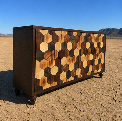 59.8'' Boho Rustic Honeycomb Mosaic Sideboard Buffet Cabinet 4 Door Credenza