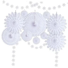 12pcs Winter Wonderland Snowflake Party Decorations Set: Paper Fan Decor White
