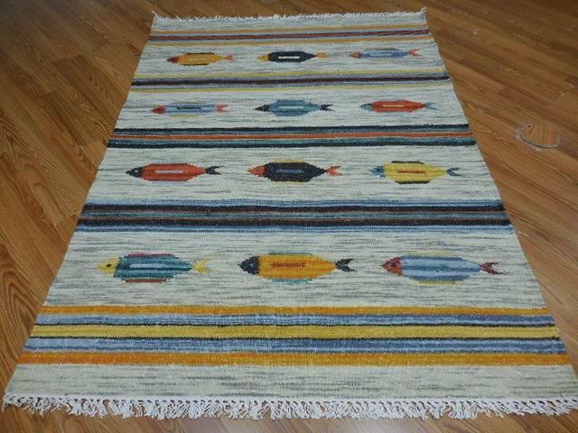 MODERND  ANATOLIA FLATWAVE KILIM GEOMATRIC FISH DESIGND 4x6 TURKISH RUG