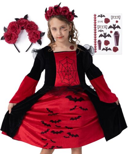 Vampire Costume Set Dress for Girls, Kids, Halloween Dracula Witch Carnival - Picture 1 of 14